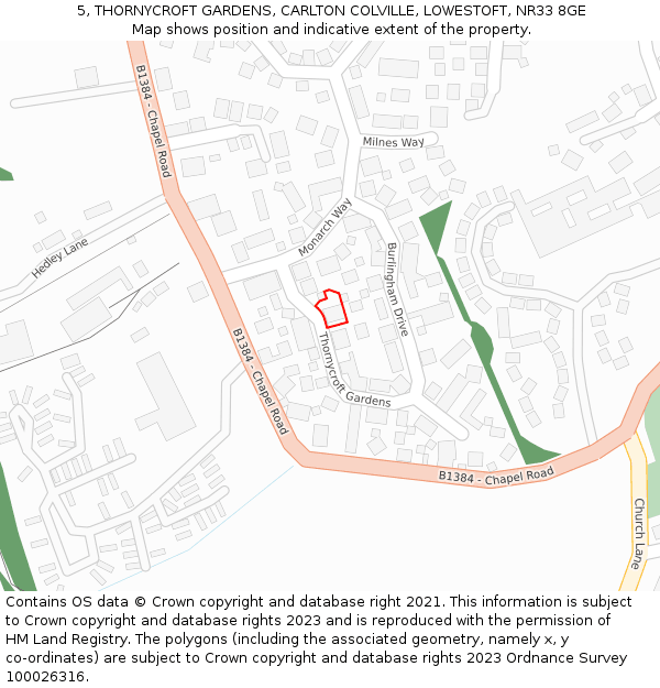 5, THORNYCROFT GARDENS, CARLTON COLVILLE, LOWESTOFT, NR33 8GE: Location map and indicative extent of plot