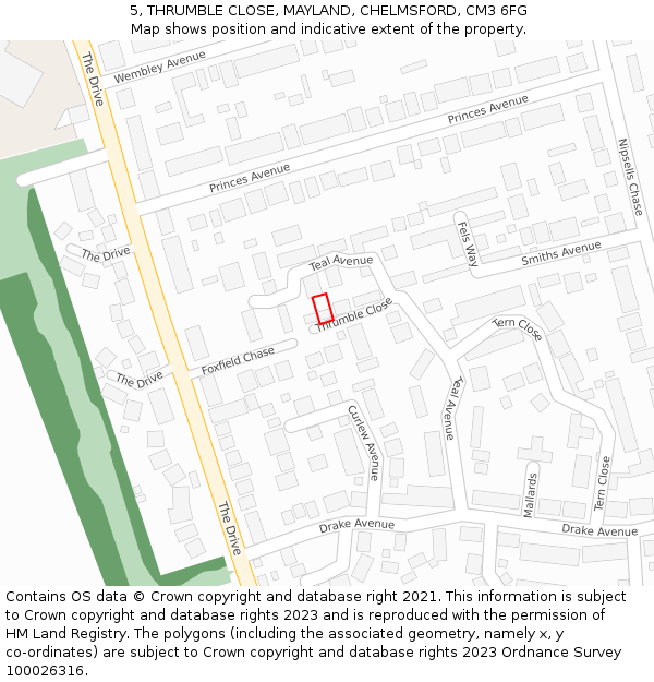 5, THRUMBLE CLOSE, MAYLAND, CHELMSFORD, CM3 6FG: Location map and indicative extent of plot