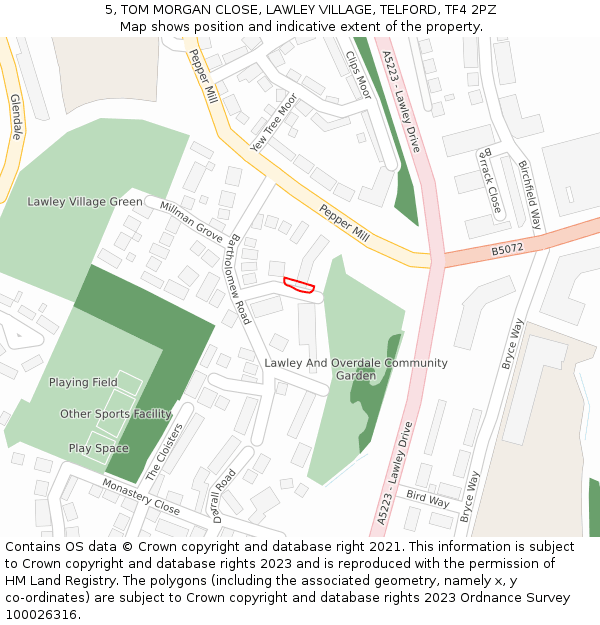 5, TOM MORGAN CLOSE, LAWLEY VILLAGE, TELFORD, TF4 2PZ: Location map and indicative extent of plot