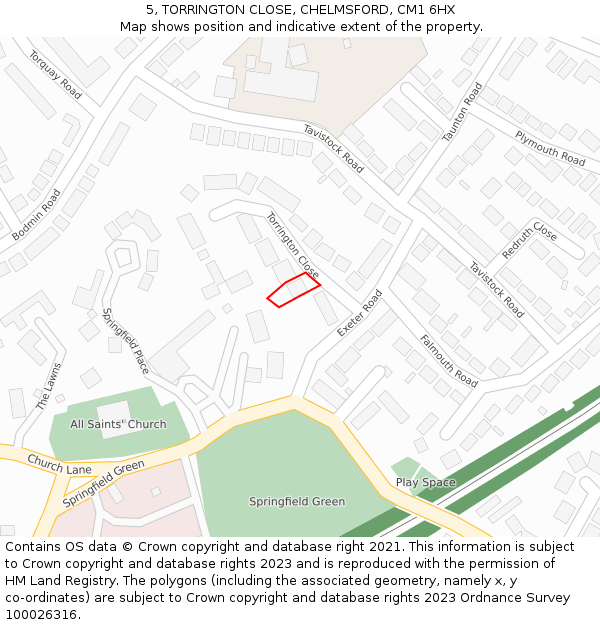 5, TORRINGTON CLOSE, CHELMSFORD, CM1 6HX: Location map and indicative extent of plot