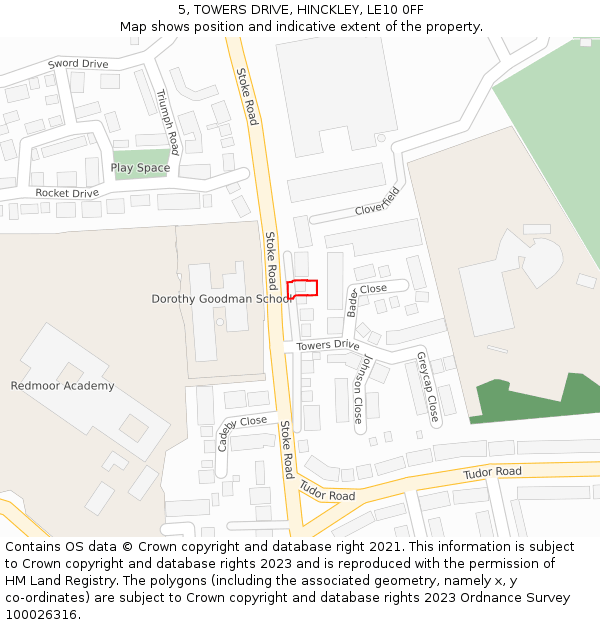 5, TOWERS DRIVE, HINCKLEY, LE10 0FF: Location map and indicative extent of plot