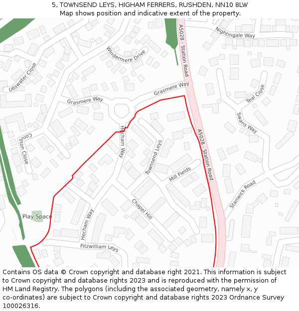 5, TOWNSEND LEYS, HIGHAM FERRERS, RUSHDEN, NN10 8LW: Location map and indicative extent of plot