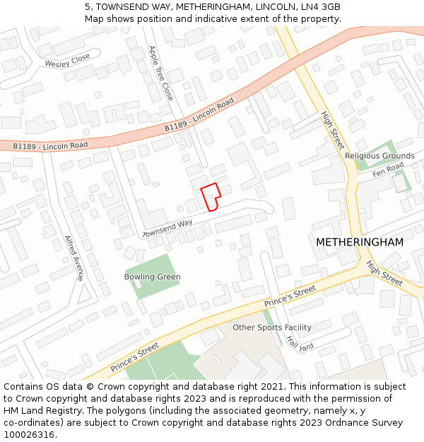 5, TOWNSEND WAY, METHERINGHAM, LINCOLN, LN4 3GB: Location map and indicative extent of plot