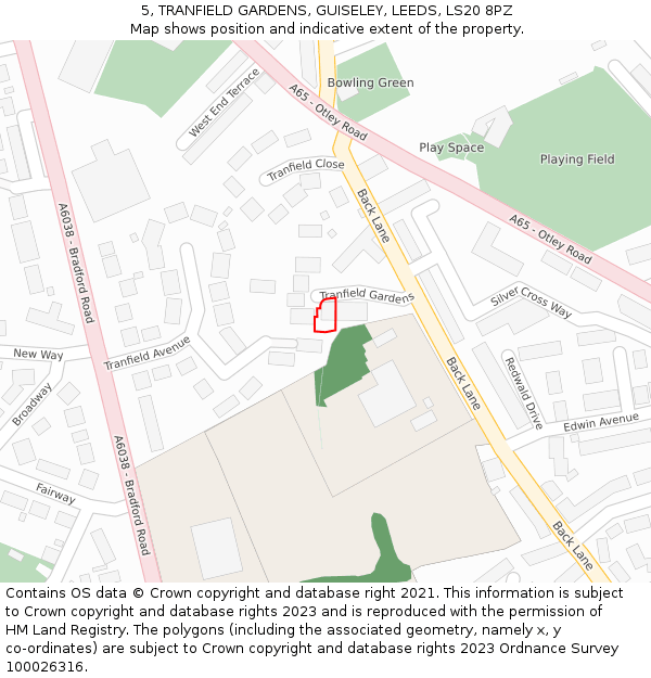 5, TRANFIELD GARDENS, GUISELEY, LEEDS, LS20 8PZ: Location map and indicative extent of plot