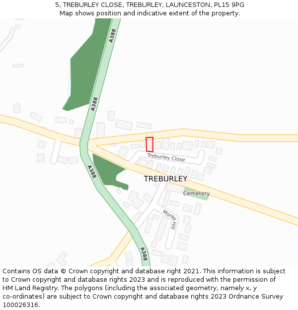 5, TREBURLEY CLOSE, TREBURLEY, LAUNCESTON, PL15 9PG: Location map and indicative extent of plot