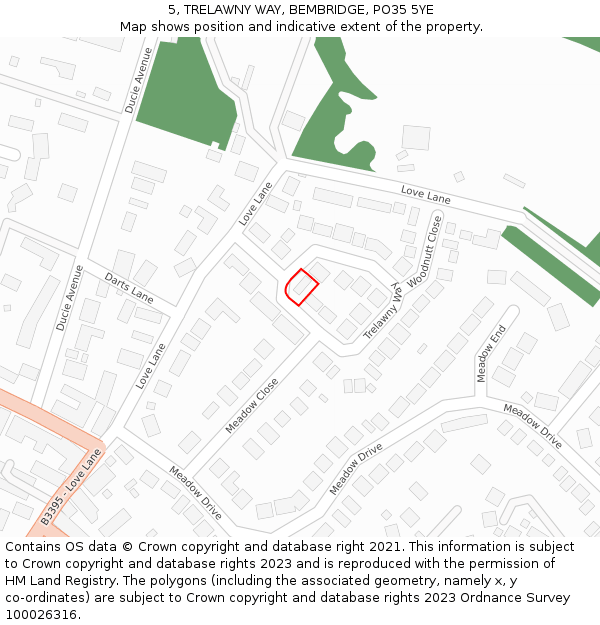 5, TRELAWNY WAY, BEMBRIDGE, PO35 5YE: Location map and indicative extent of plot
