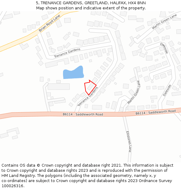 5, TRENANCE GARDENS, GREETLAND, HALIFAX, HX4 8NN: Location map and indicative extent of plot