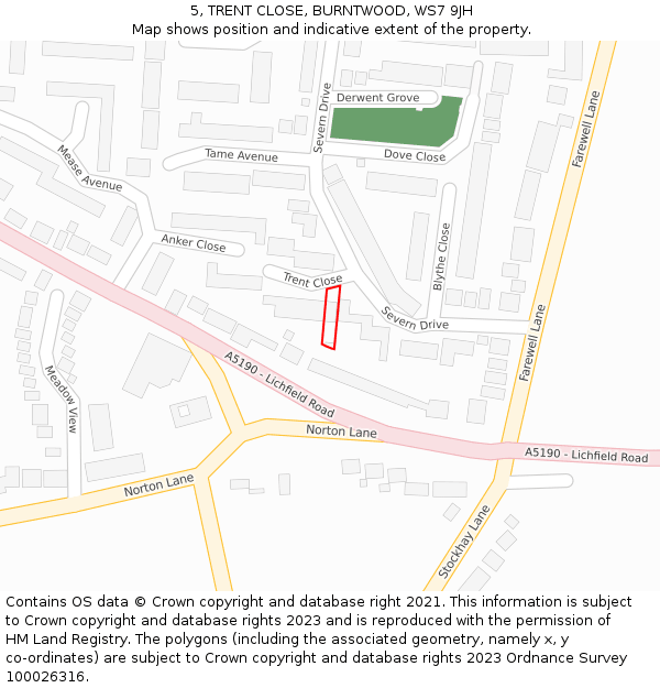 5, TRENT CLOSE, BURNTWOOD, WS7 9JH: Location map and indicative extent of plot