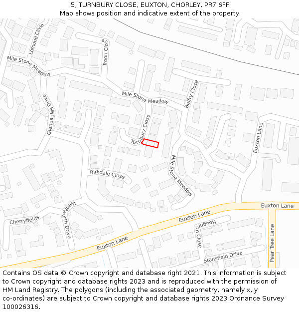 5, TURNBURY CLOSE, EUXTON, CHORLEY, PR7 6FF: Location map and indicative extent of plot