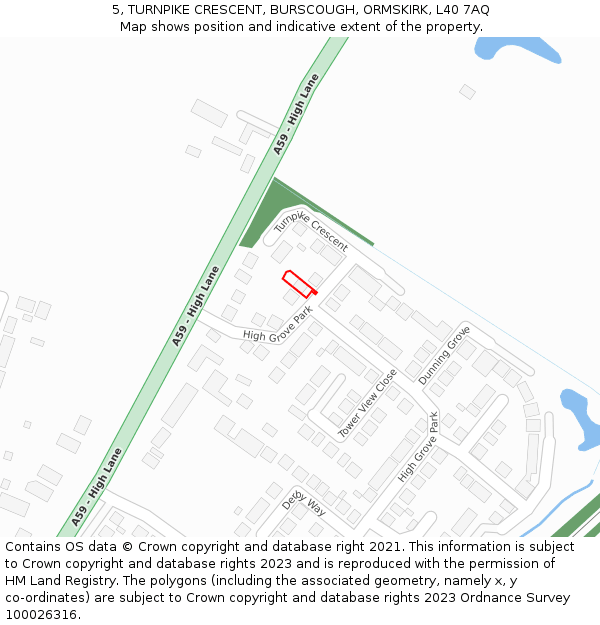5, TURNPIKE CRESCENT, BURSCOUGH, ORMSKIRK, L40 7AQ: Location map and indicative extent of plot