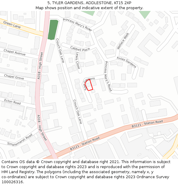 5, TYLER GARDENS, ADDLESTONE, KT15 2XP: Location map and indicative extent of plot