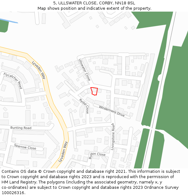 5, ULLSWATER CLOSE, CORBY, NN18 8SL: Location map and indicative extent of plot