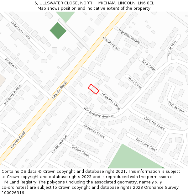 5, ULLSWATER CLOSE, NORTH HYKEHAM, LINCOLN, LN6 8EL: Location map and indicative extent of plot