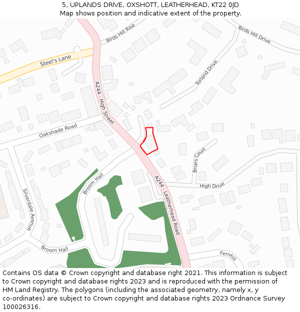 5, UPLANDS DRIVE, OXSHOTT, LEATHERHEAD, KT22 0JD: Location map and indicative extent of plot