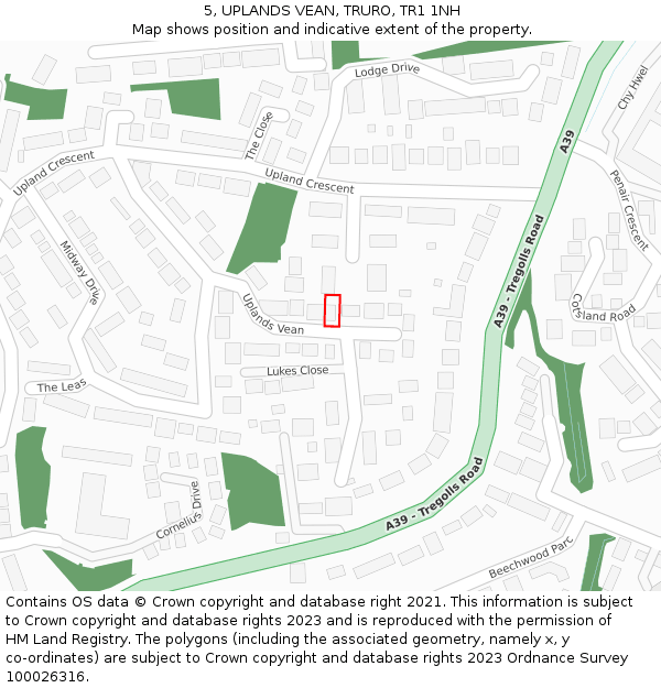 5, UPLANDS VEAN, TRURO, TR1 1NH: Location map and indicative extent of plot