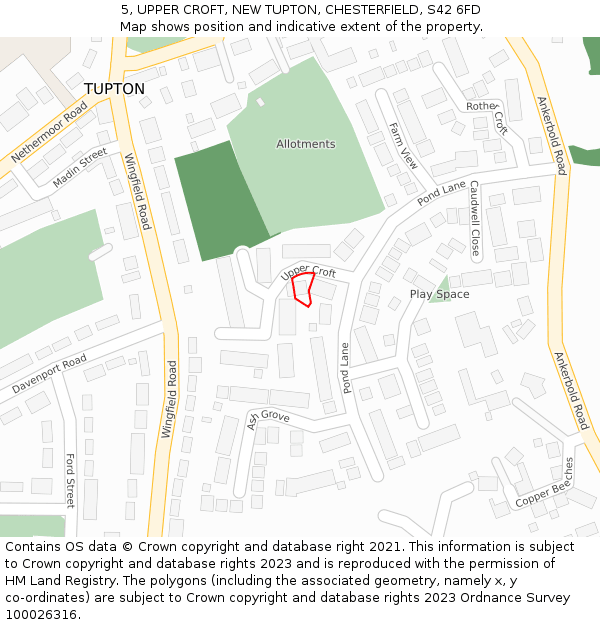 5, UPPER CROFT, NEW TUPTON, CHESTERFIELD, S42 6FD: Location map and indicative extent of plot