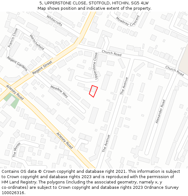 5, UPPERSTONE CLOSE, STOTFOLD, HITCHIN, SG5 4LW: Location map and indicative extent of plot
