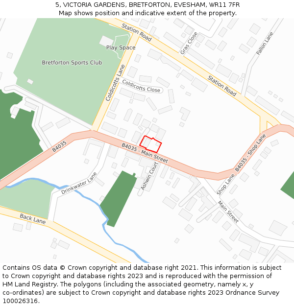 5, VICTORIA GARDENS, BRETFORTON, EVESHAM, WR11 7FR: Location map and indicative extent of plot