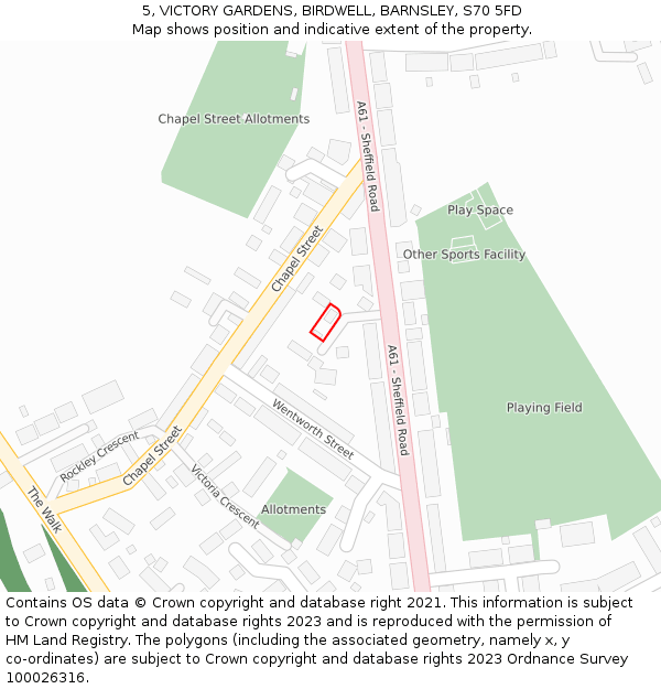 5, VICTORY GARDENS, BIRDWELL, BARNSLEY, S70 5FD: Location map and indicative extent of plot