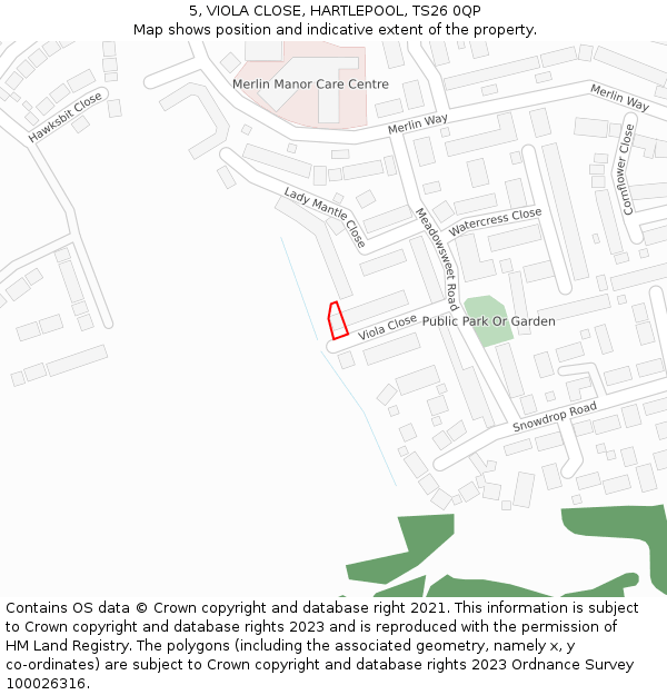 5, VIOLA CLOSE, HARTLEPOOL, TS26 0QP: Location map and indicative extent of plot