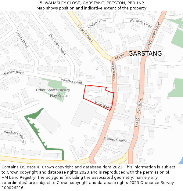 5, WALMSLEY CLOSE, GARSTANG, PRESTON, PR3 1NP: Location map and indicative extent of plot