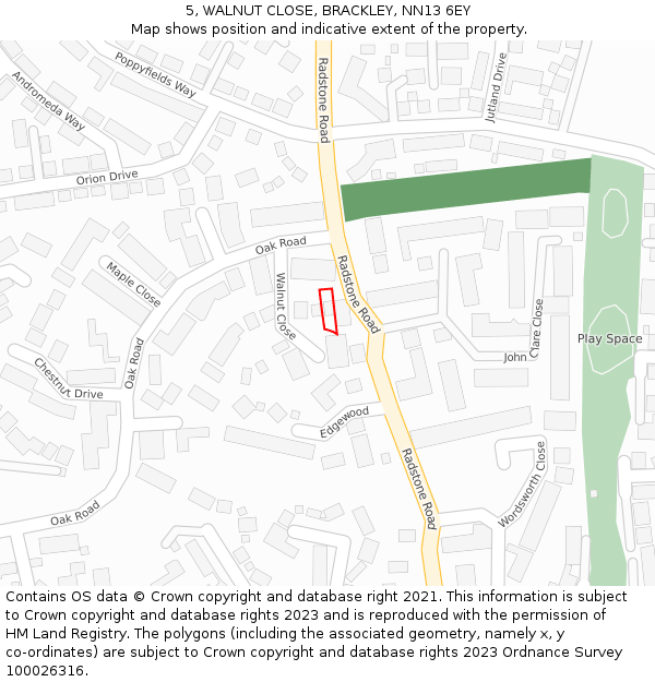 5, WALNUT CLOSE, BRACKLEY, NN13 6EY: Location map and indicative extent of plot