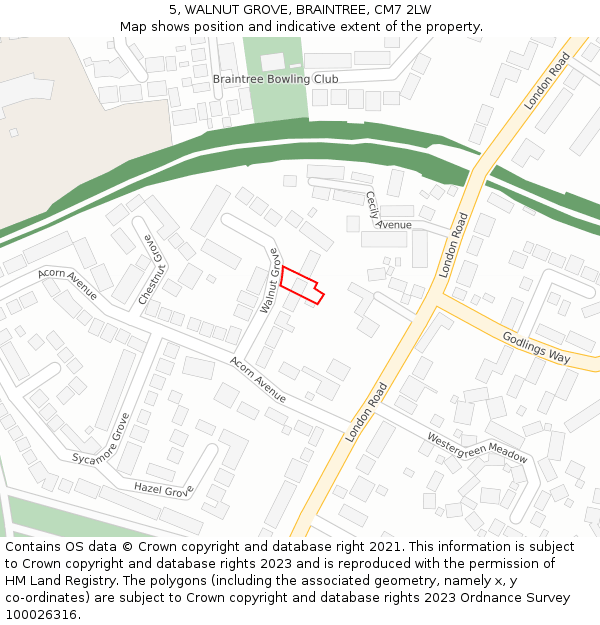 5, WALNUT GROVE, BRAINTREE, CM7 2LW: Location map and indicative extent of plot