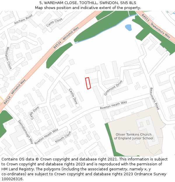 5, WAREHAM CLOSE, TOOTHILL, SWINDON, SN5 8LS: Location map and indicative extent of plot