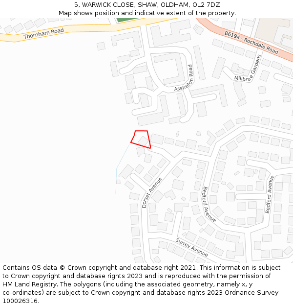 5, WARWICK CLOSE, SHAW, OLDHAM, OL2 7DZ: Location map and indicative extent of plot