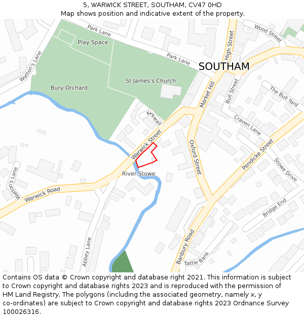5, WARWICK STREET, SOUTHAM, CV47 0HD: Location map and indicative extent of plot