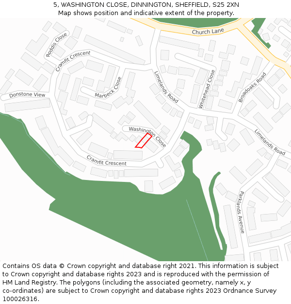 5, WASHINGTON CLOSE, DINNINGTON, SHEFFIELD, S25 2XN: Location map and indicative extent of plot