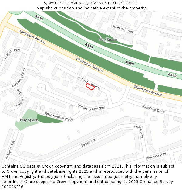 5, WATERLOO AVENUE, BASINGSTOKE, RG23 8DL: Location map and indicative extent of plot