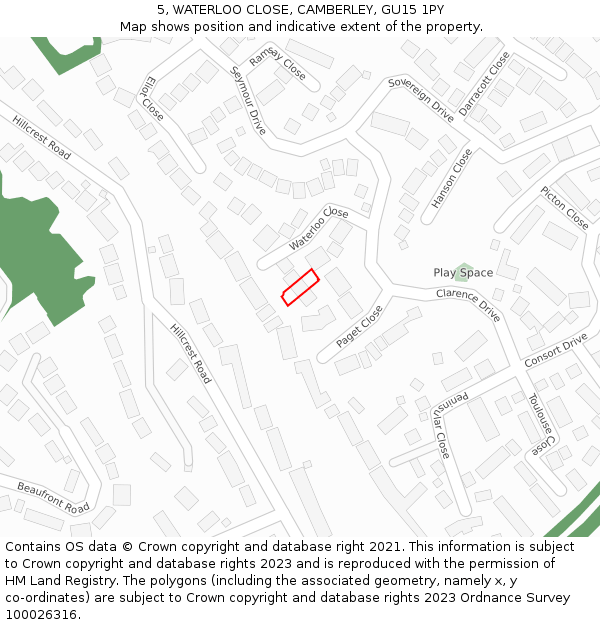 5, WATERLOO CLOSE, CAMBERLEY, GU15 1PY: Location map and indicative extent of plot