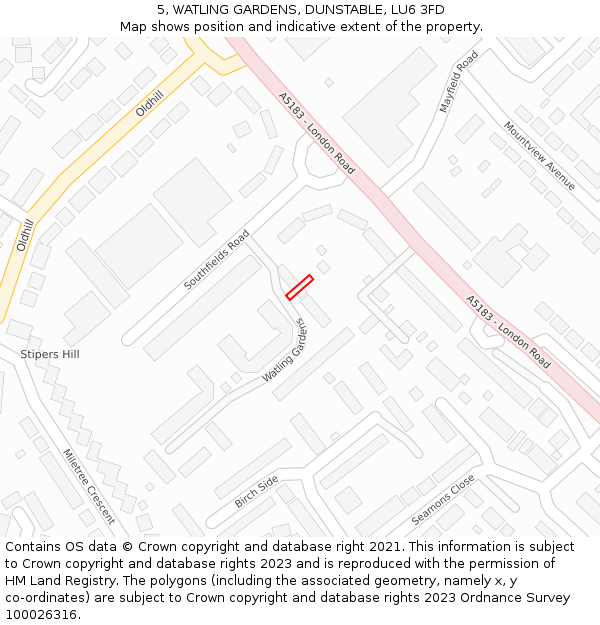 5, WATLING GARDENS, DUNSTABLE, LU6 3FD: Location map and indicative extent of plot