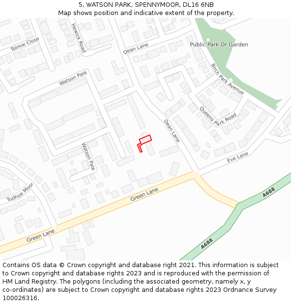 5, WATSON PARK, SPENNYMOOR, DL16 6NB: Location map and indicative extent of plot