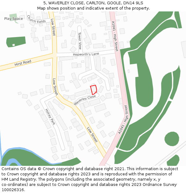 5, WAVERLEY CLOSE, CARLTON, GOOLE, DN14 9LS: Location map and indicative extent of plot