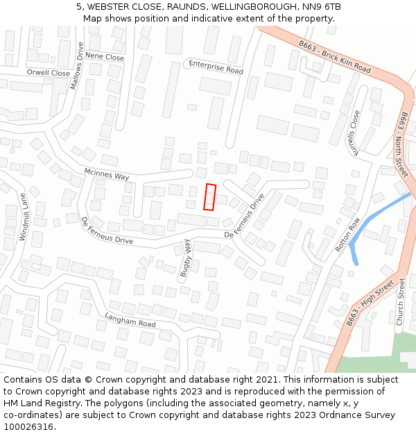 5, WEBSTER CLOSE, RAUNDS, WELLINGBOROUGH, NN9 6TB: Location map and indicative extent of plot