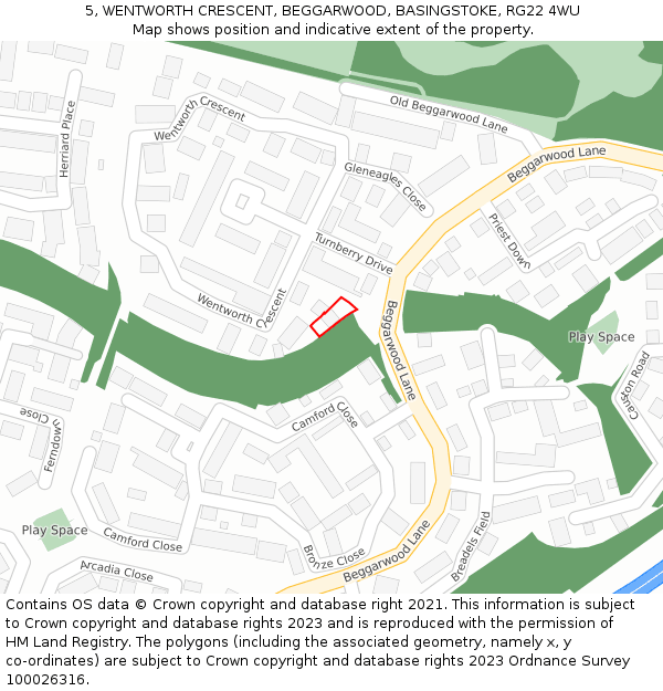 5, WENTWORTH CRESCENT, BEGGARWOOD, BASINGSTOKE, RG22 4WU: Location map and indicative extent of plot