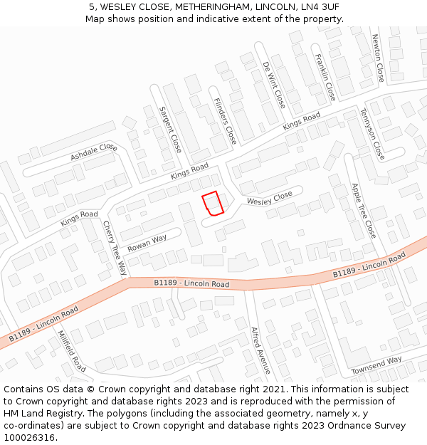 5, WESLEY CLOSE, METHERINGHAM, LINCOLN, LN4 3UF: Location map and indicative extent of plot