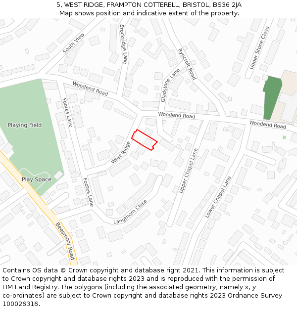 5, WEST RIDGE, FRAMPTON COTTERELL, BRISTOL, BS36 2JA: Location map and indicative extent of plot