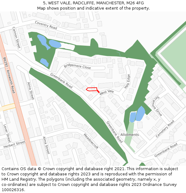 5, WEST VALE, RADCLIFFE, MANCHESTER, M26 4FG: Location map and indicative extent of plot