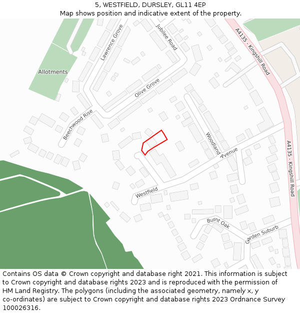 5, WESTFIELD, DURSLEY, GL11 4EP: Location map and indicative extent of plot