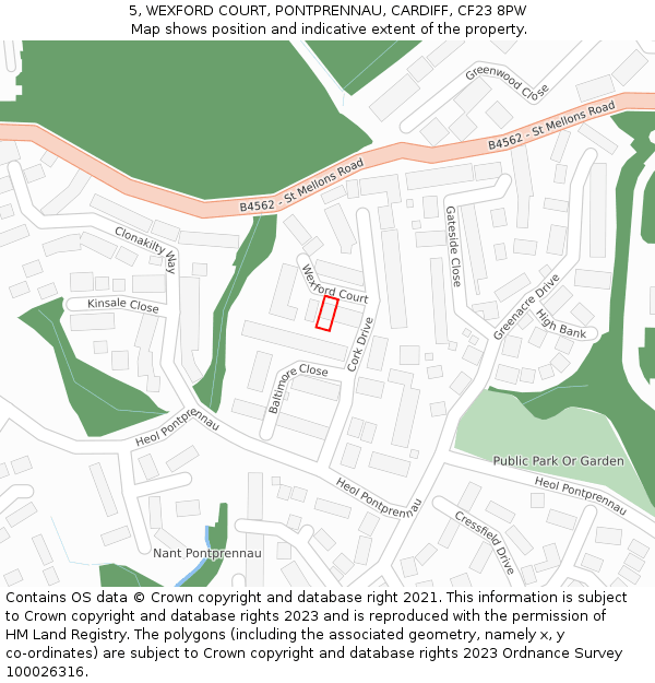 5, WEXFORD COURT, PONTPRENNAU, CARDIFF, CF23 8PW: Location map and indicative extent of plot