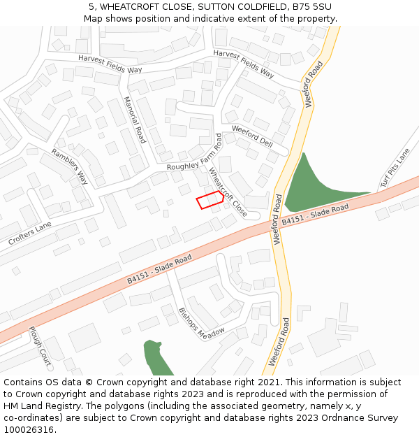 5, WHEATCROFT CLOSE, SUTTON COLDFIELD, B75 5SU: Location map and indicative extent of plot