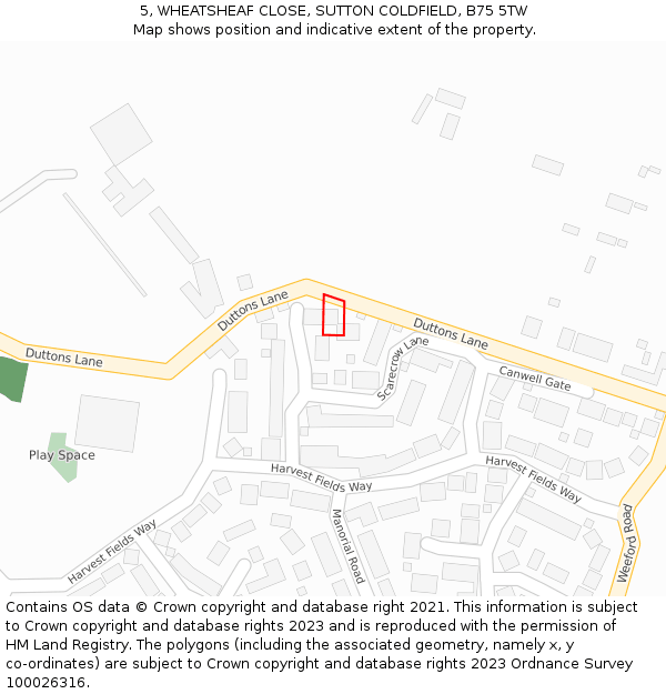 5, WHEATSHEAF CLOSE, SUTTON COLDFIELD, B75 5TW: Location map and indicative extent of plot