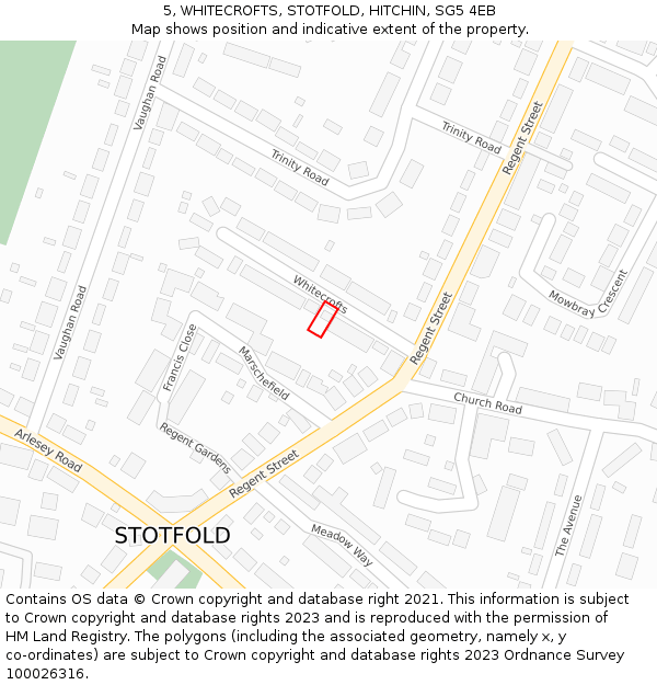 5, WHITECROFTS, STOTFOLD, HITCHIN, SG5 4EB: Location map and indicative extent of plot