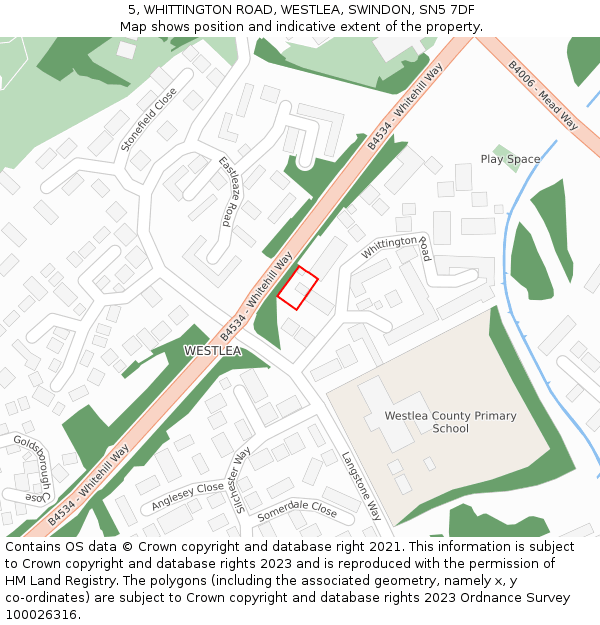 5, WHITTINGTON ROAD, WESTLEA, SWINDON, SN5 7DF: Location map and indicative extent of plot