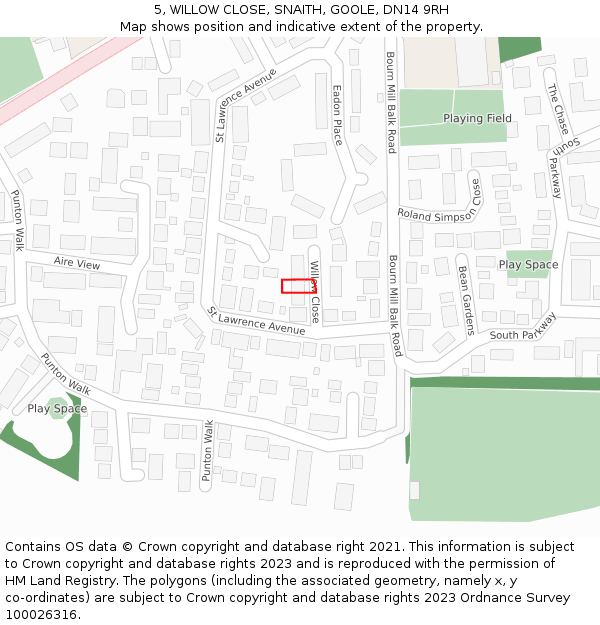 5, WILLOW CLOSE, SNAITH, GOOLE, DN14 9RH: Location map and indicative extent of plot