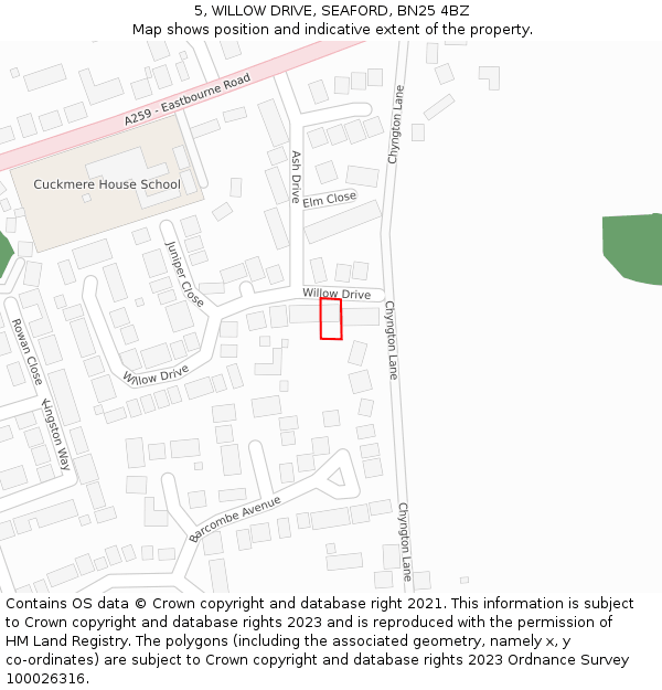5, WILLOW DRIVE, SEAFORD, BN25 4BZ: Location map and indicative extent of plot