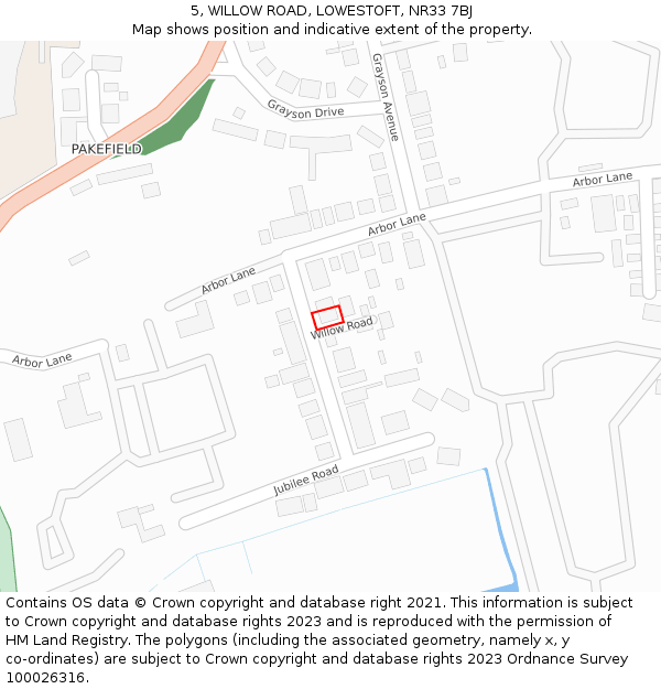 5, WILLOW ROAD, LOWESTOFT, NR33 7BJ: Location map and indicative extent of plot